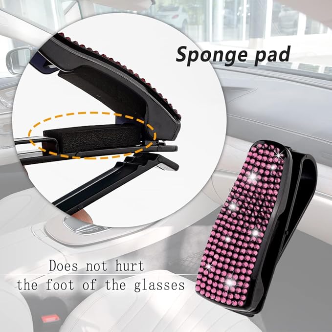 Set of 2 Bling Rhinestone Car Sun Visor Glasses Holders with Anti-Scratch Sponge,Car Decoration for Women Girls,Ticket Card Clip Visor Organizer,Universal Rhinestone Auto Accessories (Pink)