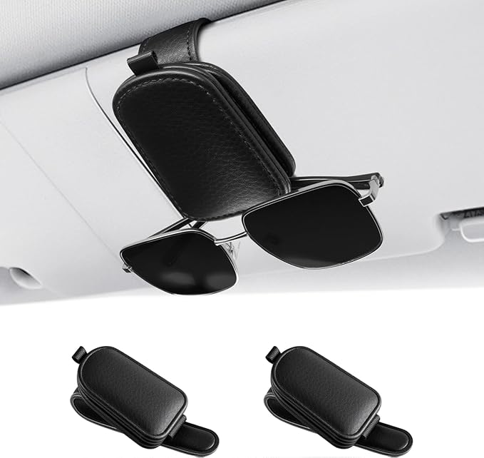 SINGARO Sunglasses Holder for Car, Leather Magnetic Buckle Sun Visor Sunglass Clip, Ticket Card Storage Glasses Clip, Car Interior Accessories for Men and Women（2PCS Black）