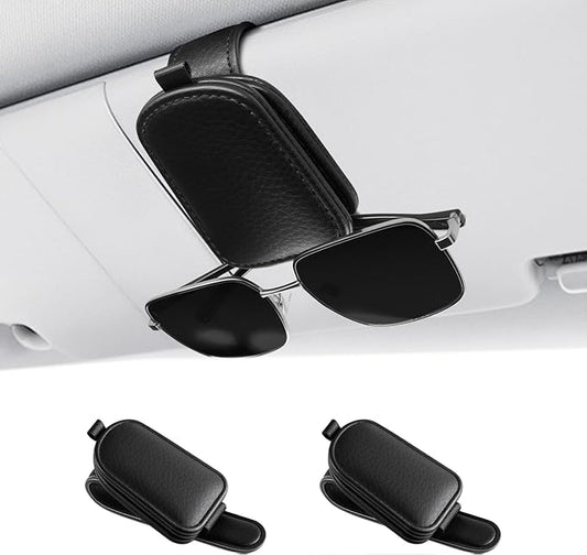 SINGARO Sunglasses Holder for Car, Leather Magnetic Buckle Sun Visor Sunglass Clip, Ticket Card Storage Glasses Clip, Car Interior Accessories for Men and Women（2PCS Black）