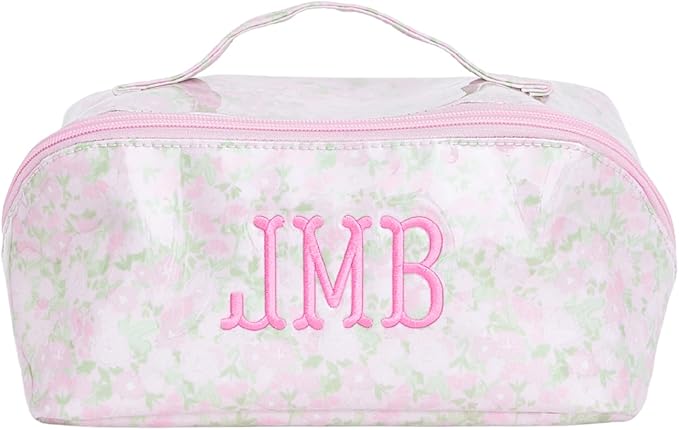 Personalized Flat Lay Makeup Bag - Clear-Coated Embroidered Cosmetic Organizer, Monogrammed Wide-Open Travel Pouch with Easy-Access Interior, Handmade Gift for Women (Peony)