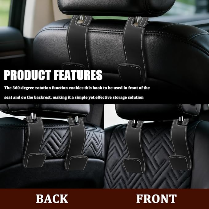 Car Seat Headrest Hooks, Purse Hook for Car, Automotive Headrest Handbags Holder, Auto Accessories Leather Seatback Organizer Hanger for Hanging Purses Bags Coats (Black, 1PCS)