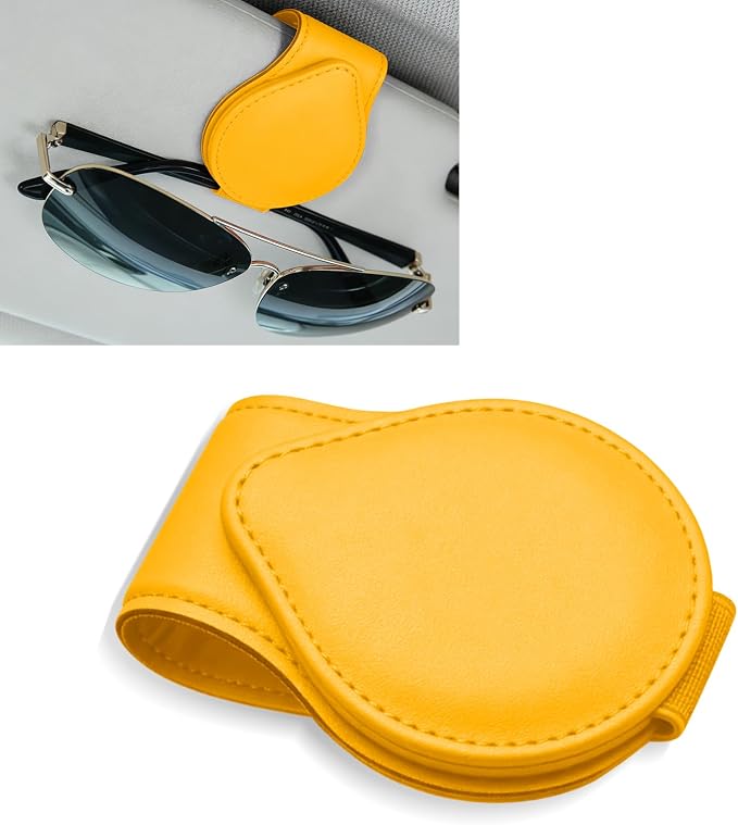 Sunglasses Holders for Car Visor, PU Leather Car Organizer, Magnetic Glasses Holder and Ticket Card Clip, Multi-Functional Auto Sun Visor Eyeglass Holder for Most Vehicles (Yellow)