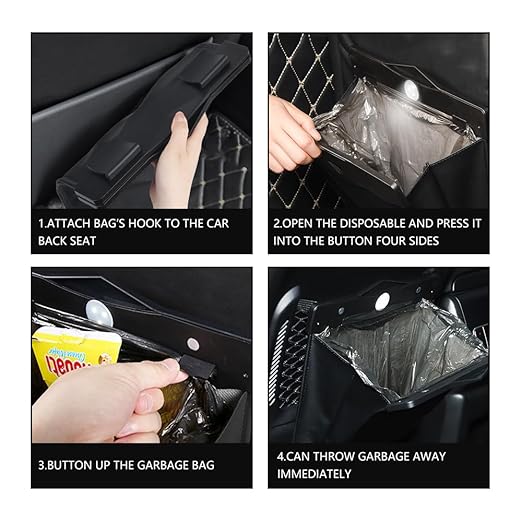 XSUPER Hanging Trash Bag with Smart LED, Magnetic Car Can, Waterproof PU Leather Garbage Can, Multipurpose Garbage Bag for Back Seat with 15 Disposable Bags, Black
