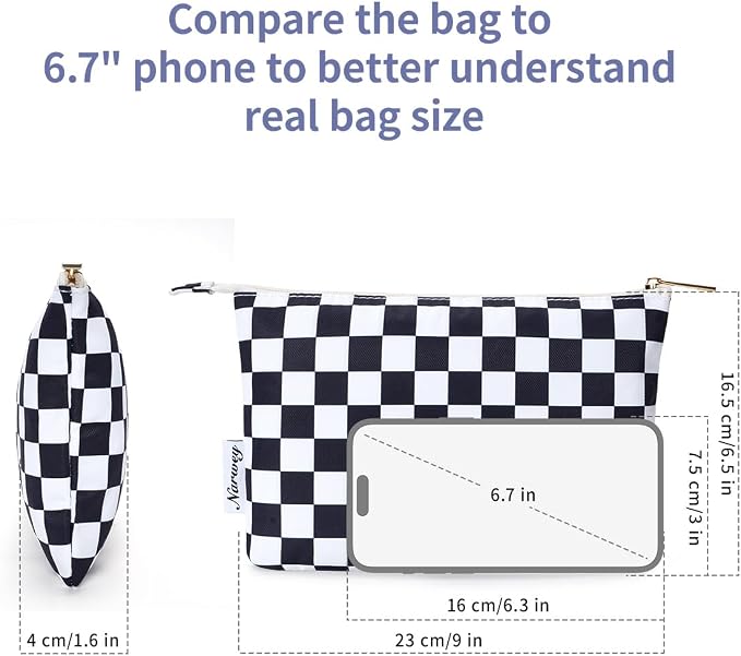 Narwey Small Checkered Makeup Bag for Purse Small Cosmetic Bag Women Travel Makeup Pouch Zipper Pouch (Black Checkerboard)