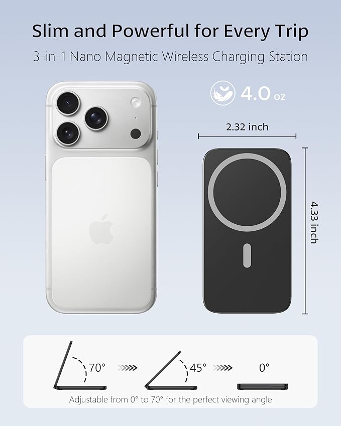 3 in 1 Magnetic Wireless Charging Station for Apple Devices, MagSafe Compatible Foldable Travel Charger Stand for iPhone 17/16/15/14/13/12 Series, Apple Watch Ultra/10/9/8/7/6/SE & AirPods Pro/4/3