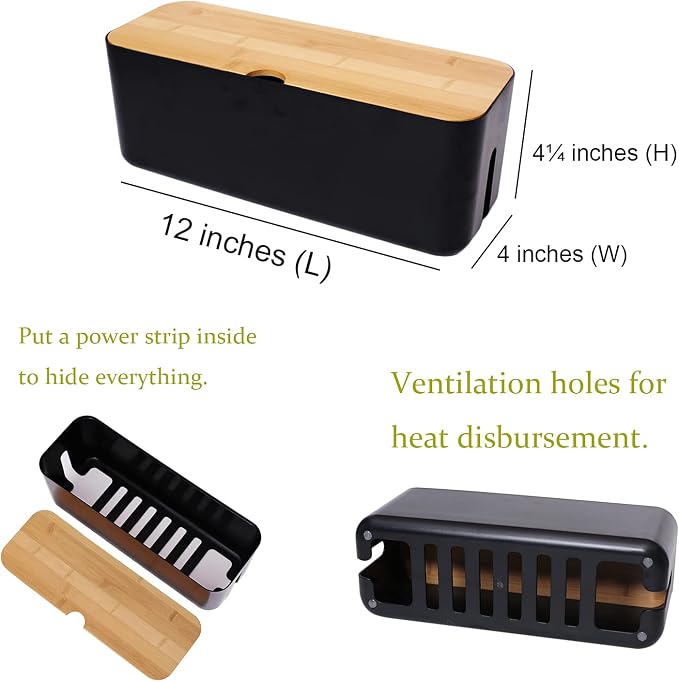 Changsuo Cable Management Box Small White Cable Organizer Box for Extension Cord Power Stripe Surge Protector Wire Management Concealer Organizer Cover Hider for Desktop Home Office Kitchen (Black)