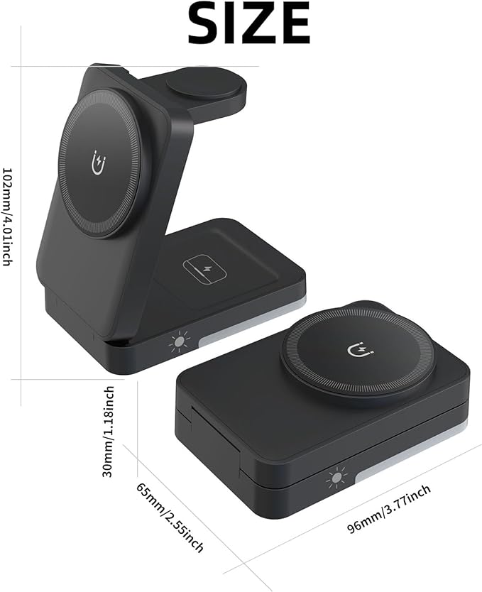 3-in-1 Travel Magnetic Charging Station for iPhone 17/17 Pro/17 Pro Max/Air/16 15 14 13 12 Pro Max Plus mini/Apple Watch/Airpods, Foldable Portable Wireless Charger Stand with Night Light-Black