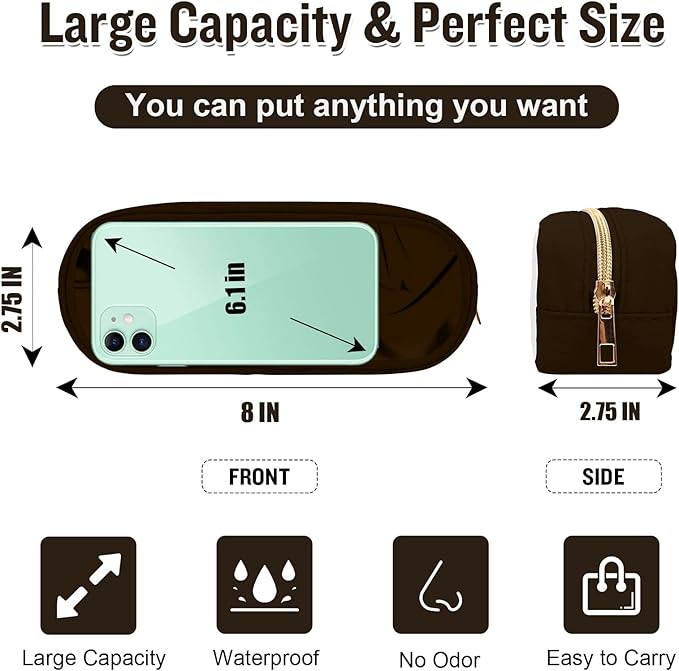 Nylon Small Clear Makeup Bag Slim Pencil Pouch, Cute Pencil Case Black Makeup Bag Preppy Cosmetic Zipper Pouch for Purse, Waterproof Travel Toiletry Bag Coin Pouch Make Up Organizer for Women(Brown)