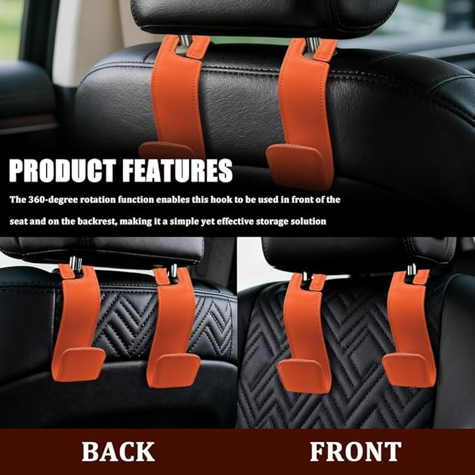 2PCS Car Seat Headrest Hooks, Purse Hook for Car, Automotive Headrest Handbags Holder, Auto Accessories Leather Seatback Organizer Hanger for Hanging Purses Bags Coats (Orange, 2PCS)