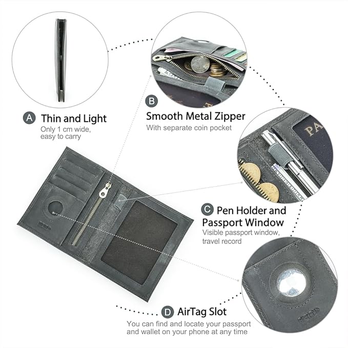 CONTACTS Full Grain Leather Passport Holder RFID Blocking Travel Passport Wallet Compatible with Airtag Passport Cover Case with 4 Cards Slots, Coin Pocket (Gray)