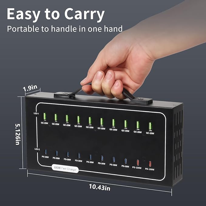 690W USB Charging Station, 20 Port (10 PD+10 QC) USB C Charger Block, Fast Charging Station for Multiple Devices with Smart Power Delivery for Laptop, iPhone, iPad, Tablet and More