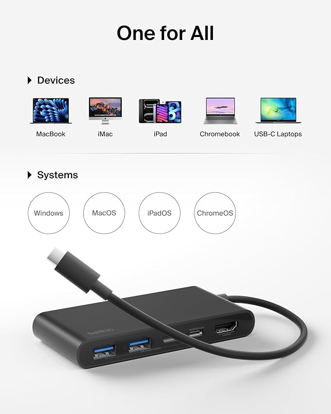 Belkin USB C Hub, 5-Port Hub With 4K HDMI Display @ 60Hz, 100W Power Delivery, Fast Data Transfer 5Gbps, USB C Multiport Adapter for iPad Pro, Chromebook & More, MacBook Accessories with HDMI 2.0 port