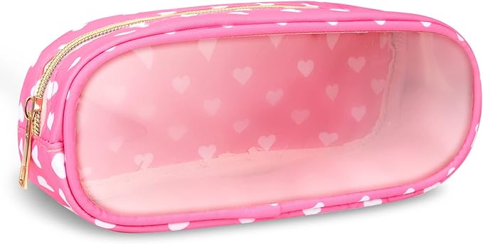 Nylon Small Clear Makeup Bag Slim Pencil Pouch, Cute Pencil Case Makeup Bag Preppy Cosmetic Zipper Pouch for Purse,Travel PVC Toiletry Bag Clutch Coin Pouch Makeup Organizer for Women Girl(Pink Heart)