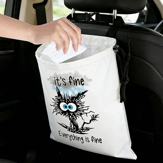 Black Cat Car Trash Bag - Waterproof Car Trash Bag Hanging Leakproof Car Garbage Bag - Washable Reusable Trash Bag for Car Interior Hanging Organizer Storage Vehicle Travelling Camping