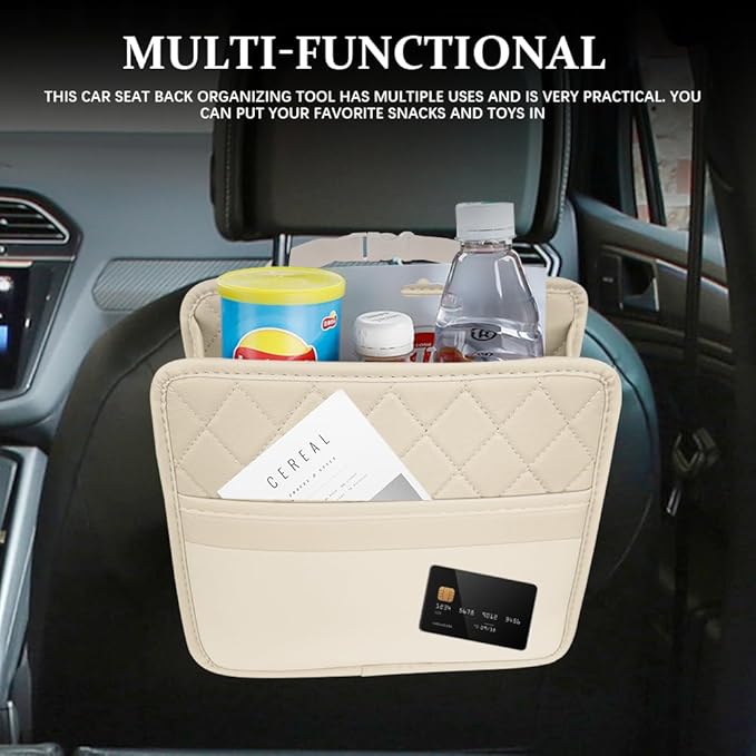 Car Seat Back Organizer, Car Organizers and Storage, Leather Multipurpose Vehicle Backseat Storage Pocket, Auto Interior Accessories Waterproof Hanging Bag for SUV Sedan Truck (Beige)