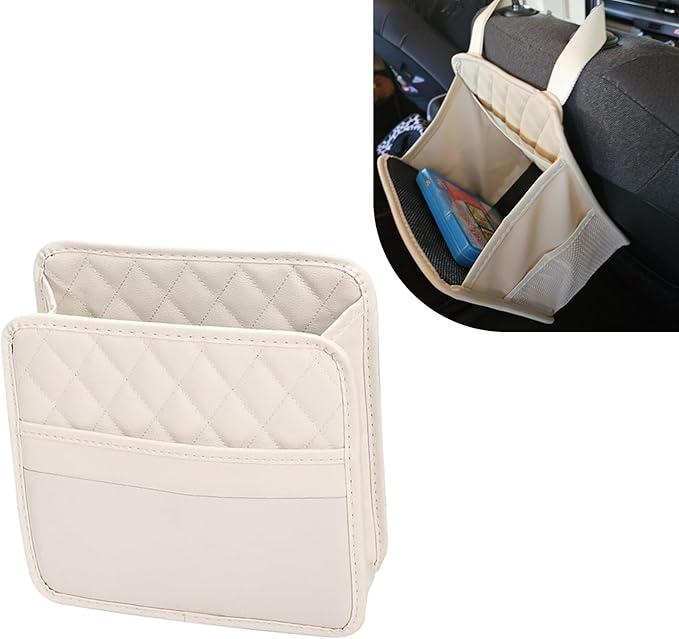 Car Seat Back Organizer, PU Leather Auto Hanging Storage Pocket, Multipurpose Upgrade Waterproof Back Seat Organizer, Travel Essential Accessory, Universal for Most Cars (Beige)