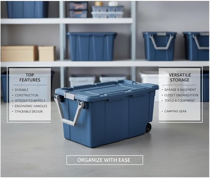 40 Gallon Heavy-Duty Rolling Storage Bins 2-Pack, Blue Industrial Plastic with Pivot Handle, Leakproof Lid & Latches, for Garage Workshop Equipment Transport & Storage