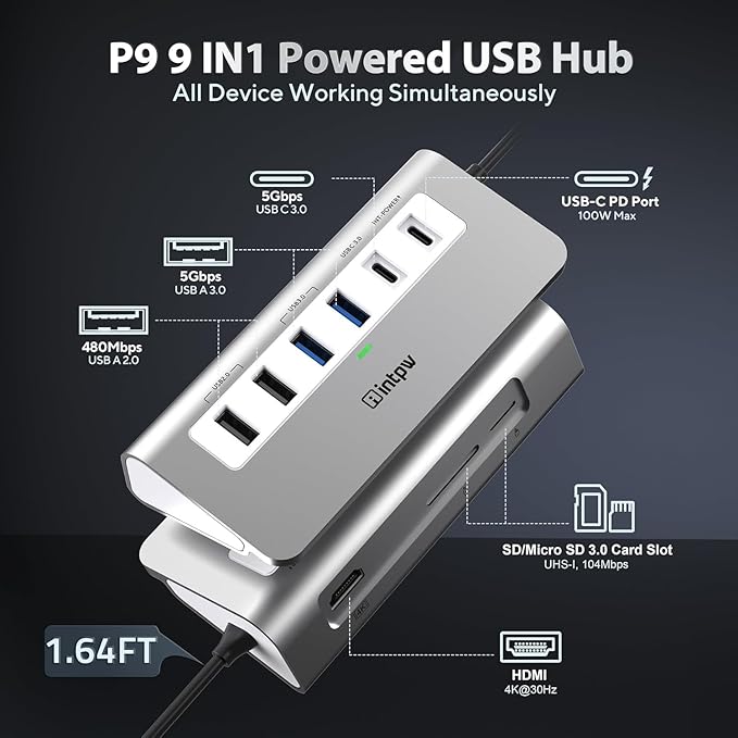 P9 USB C Hub, intpw 9-in-1 USB C Hub Multiport Adapter with 4K HDMI, PD 100W, Type-C & 2 USB A 3.0 5Gbps, 2 USB A 2.0, SD/TF Card Reader, Aluminum USB Hub for Laptop, iPhone 17 Series, MacBook, iPad