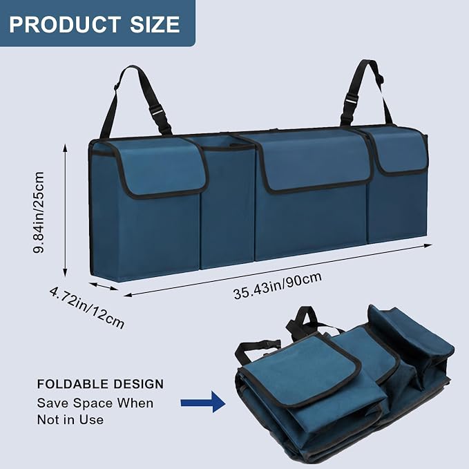 Car Trunk Organizer – Backseat Hanging Large Storage Bag with Adjustable Straps, Waterproof Collapsible Cargo Organizer with 4 Pockets, Space-Saving Trunk Storage for SUV Truck MPV (Blue)