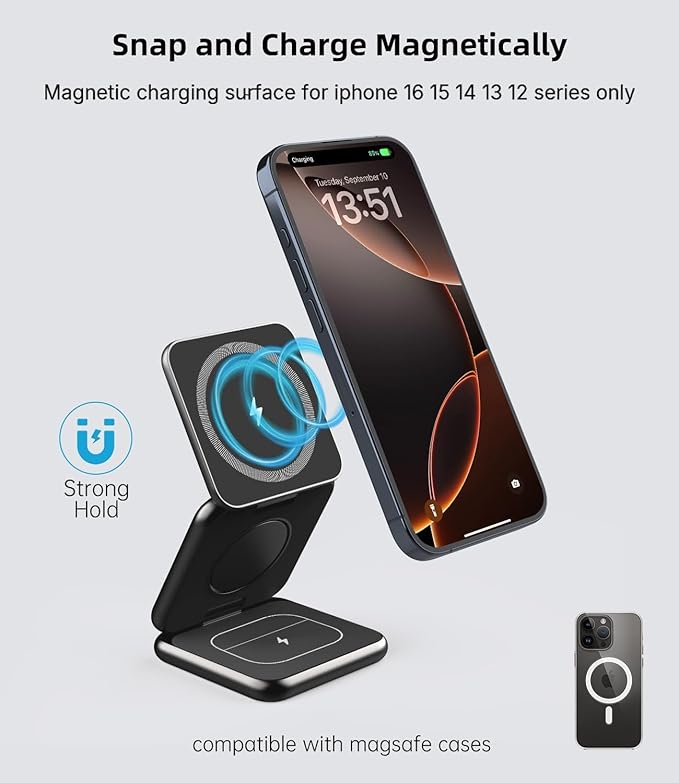 Foldable Magnetic Wireless Charger, KU XIU X40 Aluminum Alloy 3 in 1 Charging Station for Apple, Fast Charging Travel Charger for iPhone 17 16 15 14 13 12, 5W for Apple Watch & AirPods, Black