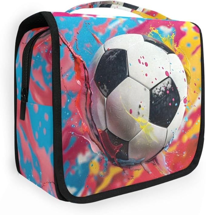 Hanging Travel Toiletry Bag Kit Boys Makeup Case Cosmetics Organizer for Men Women (Soccer Colorful)