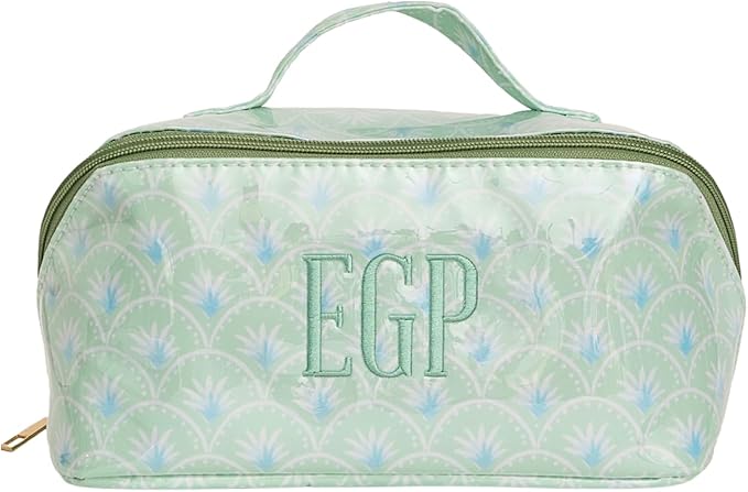 Personalized Flat Lay Makeup Bag - Clear-Coated Embroidered Cosmetic Organizer, Monogrammed Wide-Open Travel Pouch with Easy-Access Interior, Handmade Gift for Women (Palm)