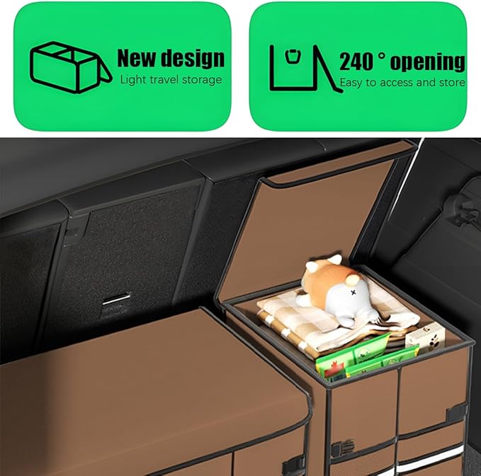 Car Trunk Organizer, Multi-Compartment Collapsible Vehicle Cargo Storage Organizer with Lid, Non Slip Waterproof Storage Box with Reinforced Handles, Universal Automotive Accessories (Coffee)