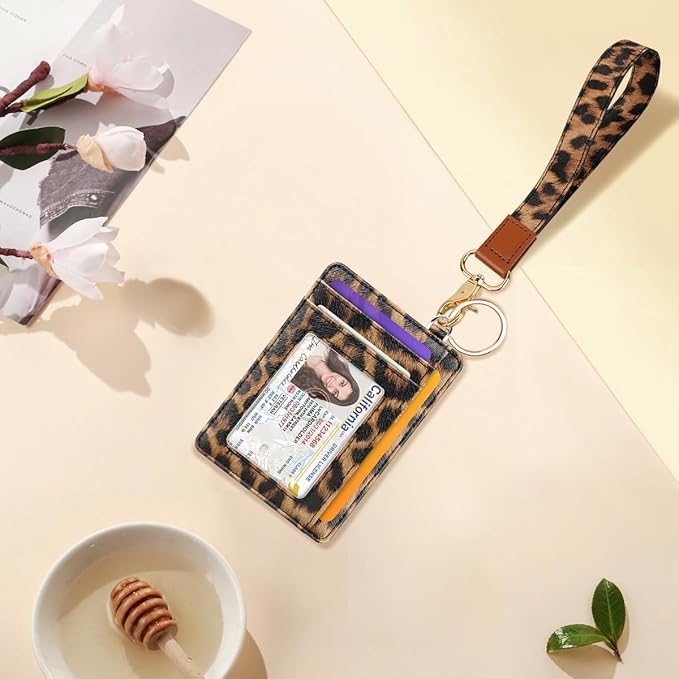 Coco Rossi Slim Front Pocket Wallet Minimalist RFID ID Card Holder Cute Small Wallets with Wrist Lanyards Key Chain Holder for Women, Brown Leopard