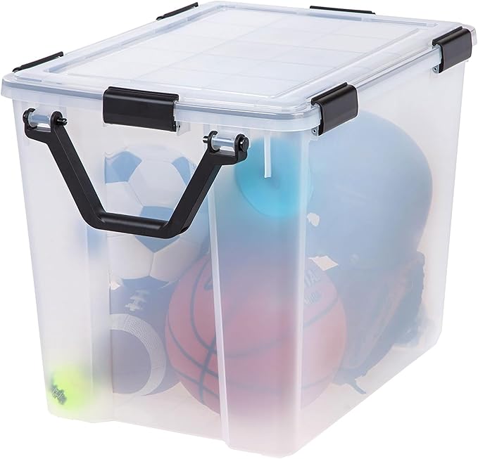 IRIS USA WeatherPro 103 Qt Storage Bins with Lids, 4 Pack, BPA-Free Plastic Gasket Box with Tight Latch and Seal, Stackable Nestable Tote Tub - Clear/Black