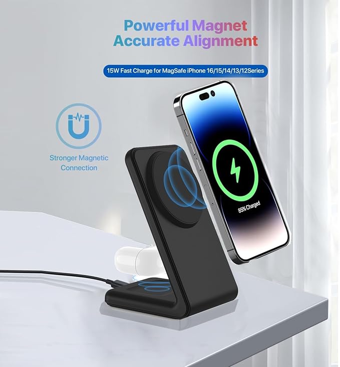Magnetic Wireless Charger 2 in 1 - YMY 15W Qi Wireless Charging Station, Designed for MagSafe Charger Stand Compatible with iPhone 17/16/15/14/13/12/11 Pro/Pro Max Series, Airpods 4/3/2/Pro 2