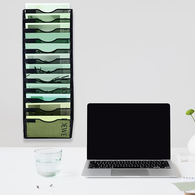 12 Tier Mesh Hanging File Organizer Vertical Wall File Organizer Wall File Holder for Office School Home, Black