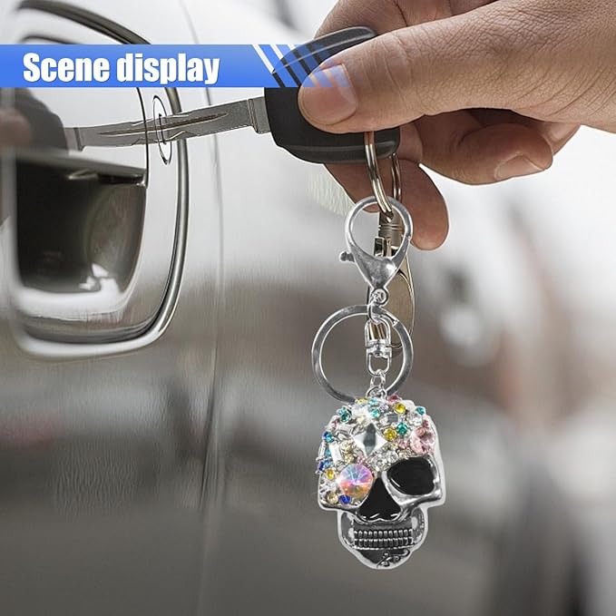 Bling Skull Car Keychain, Funny Metal Auto Key Ring Organizer, Driver Key Fob Holder Present for Men Women (Silver)