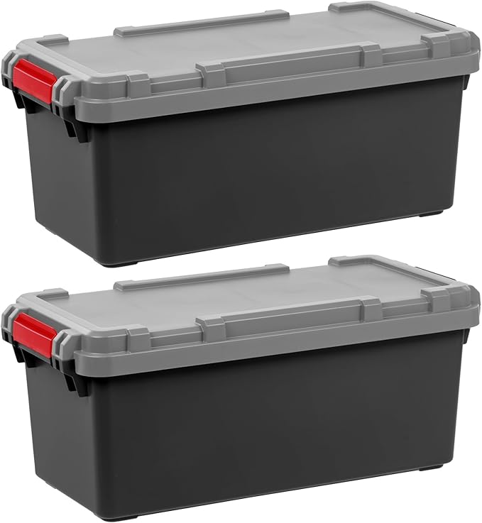 IRIS USA 2 Pack TrailBox, 15 Gallon Lockable Storage Trunk Box, Truck Bed Bin Heavy-Duty Containers Camping Gear, Adventure Chest - Dark Gray/Gray
