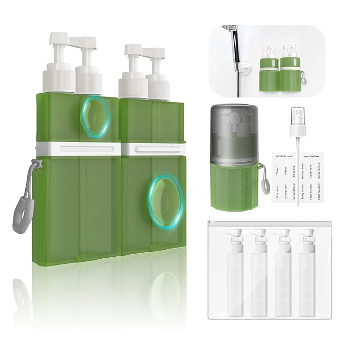 YOTIME 4 in 1 Travel Dispenser Bottle, Vacuum Silicone Suction Cup for Smooth Walls, TSA Approved Leak Proof Travel Size Containers for Toiletries, Shampoo, Body Wash and Conditioner, Green