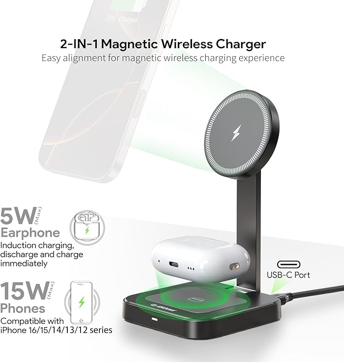 Esoulk 2 in 1 Magnetic Wireless Charging Station, Foldable Charger Stand for iPhone 17/16/15/14, AirPods Charging Pad, Travel Compact 15W Fast Wireless Charger