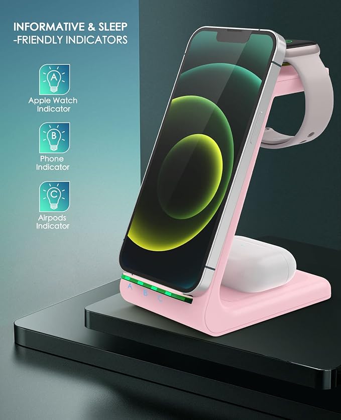 3 in 1 Wireless Charging Station, 2026 Upgraded Fast Desk Charger Station for iPhone 17 16 15 14 13 12 Pro Max Plus, Charger Stand for Apple Watch 10 9 8 7 6 5 4 3 2 SE, Airpods 4 3 2 Pro(Pink)
