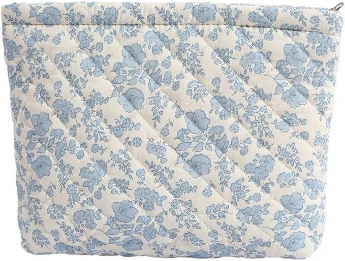 FITINI Makeup Bag Travel Large Portable Quilted Floral Print Cosmetic Organizer Cute Pouch for Women Soft Cotton Zipper Waterproof Toiletry Storage Bags