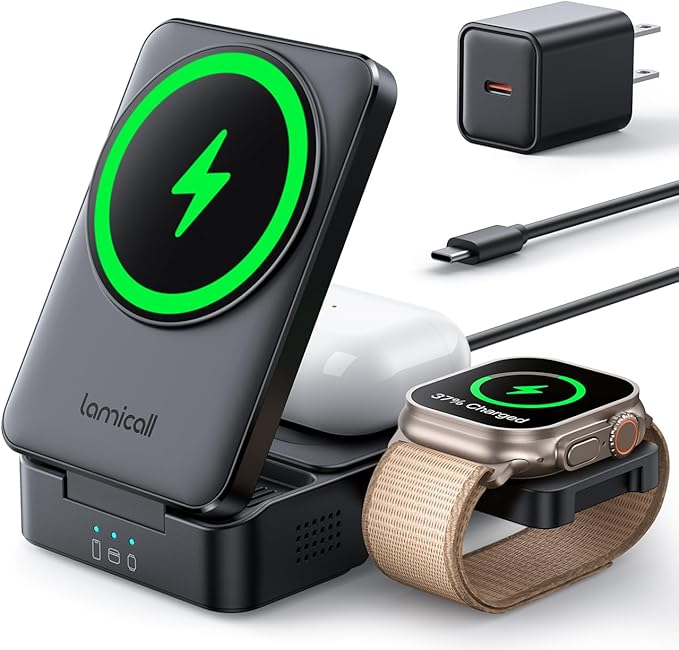 Lamicall Travel 3 in 1 Wireless Charging Station for Apple MagSafe, [Upgraded Cooling] Foldable Magnetic Charger Stand for iPhone 17 16 15 14 13 Pro Max, AirPods, Apple Watch (Adapter Included)