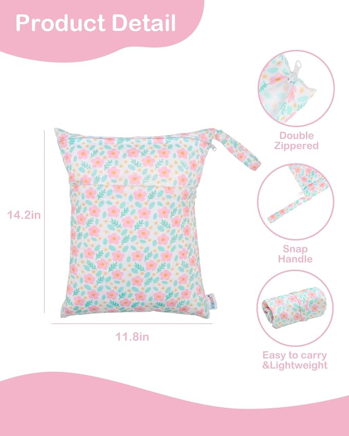ALVA ALVABABY 3pcs Medium Cloth Diaper Wet Dry Bags Waterproof Reusable with Two Zippered Pockets Travel Beach Pool Daycare Soiled Baby Items Yoga Gym Bag for Swimsuits or Wet Clothes 3L-ZM40