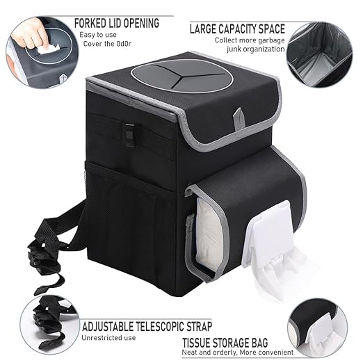 upra Car Trash Can with Lid Leakproof,Bag Hanging Storage Pockets,Adjustable Tissue Holder & Straps Garbage Bin, Portable Auto Trash Bag Holder for Road Trip, Kids, Dog Owners