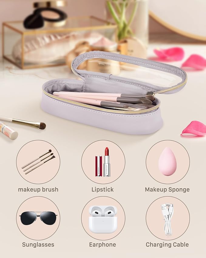 Soimeat Clear Travel Makeup Brush Holder, Leather Makeup Brush Toiletry Bag, Portable Cosmetic Brush Case, Transparent Waterproof Makeup Brush Storage Bag, Purple