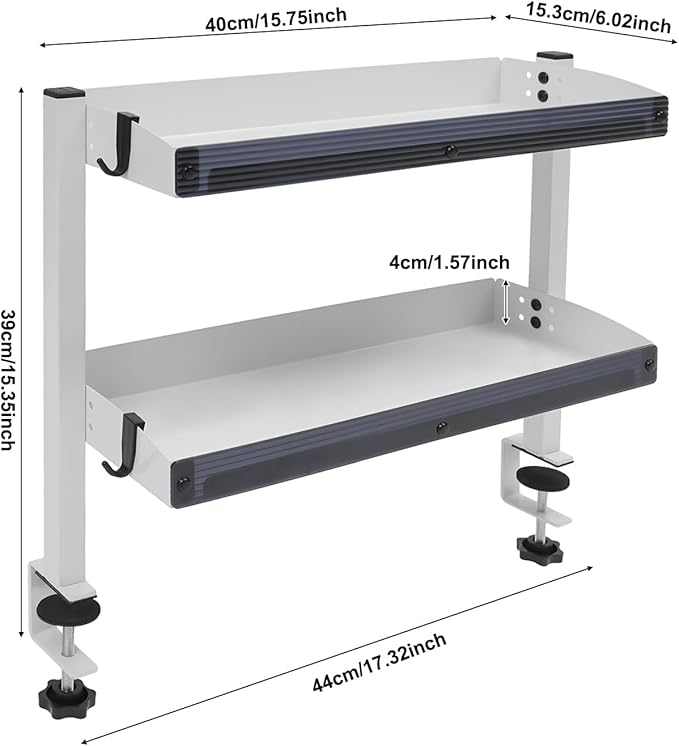 Clamp-On Desk Shelf, 2-Tier Desktop Bookshelf Desktop Supplies Storage Rack with Adjustable Storage Tray and Accessories 1.57in Heightened Guardrail for Office Study Game Room (White)