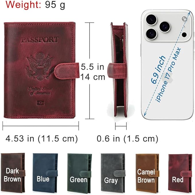 CONTACTS Full Grain Leather Passport Holder Compatible with Airtag RFID Blocking Passport Wallet Travel Slim Passport Cover with SIM Card Removal Tool (Bagde, Red)