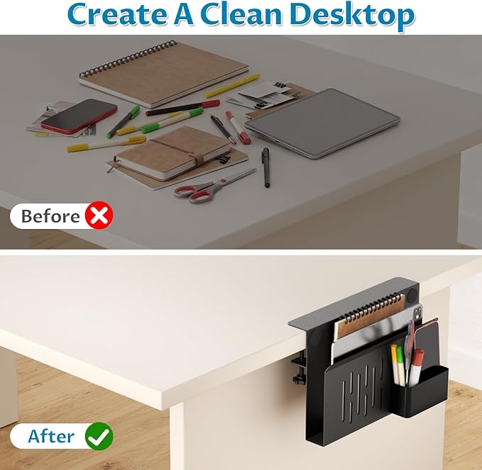 Onemake Desk Side Storage, No Drill Laptop Holder, Clamp on Desks Shelf with Magnetic Pen Holder, Hanging Desk Organizer for Home Office, Fits Flat Edge Tables 0.4" to 2.3"