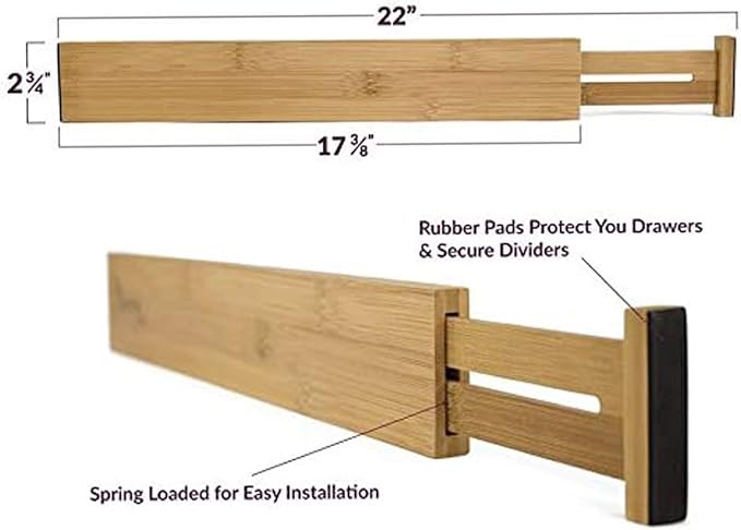 MEKBOK 4-pack Bamboo Kitchen Drawer Divider, Adjustable Drawer Storage, Spring loaded, Suitable for kitchens, Dressing tables, Bathrooms, bedrooms, Drawers, Desks