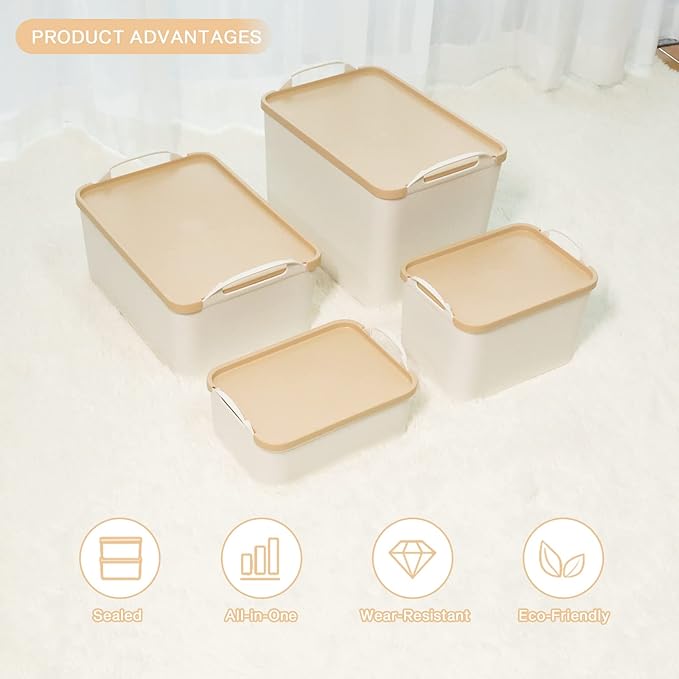 ANMINY 8PCS Plastic Storage Bins Containers with Lids, Large Storage Organization Bins Boxes, Lidded Plastic Storage Baskets for Closet Shelves Desktop, Wheat Lids, 1XL + 1L + 2M + 4S