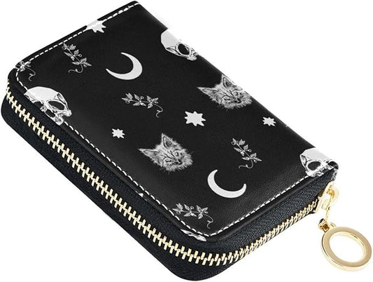 Gothic Skull Cat RFID Credit Card Holder Wallets Accordion for Women Leather Zipper Card Case Accordion Wallet for Ladies Girls