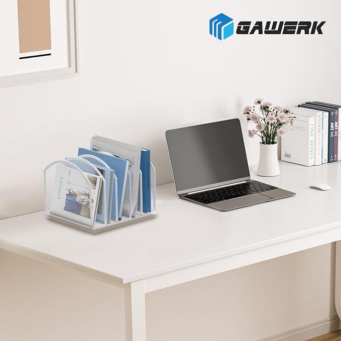 Gawerk 5-Section Vertical Desktop Organizer, 5-Section Mesh File Folder Stand Sorter for Office Home Classroom Organization (1, White)