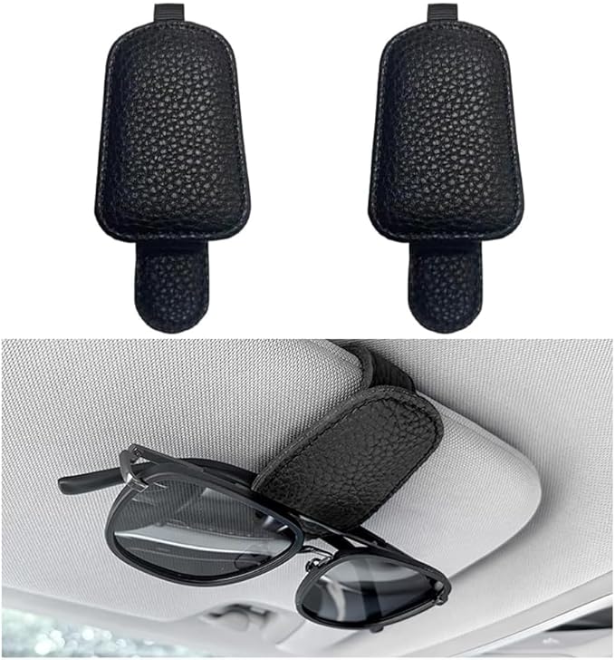 zipelo Sunglasses Holders for Car Sun Visor, 2PCS Magnetic Leather Vehicle Glasses Hanger Clip for Ticket Card, Auto Interior Eyeglass Organizer Accessories, Universal for SUV Sedan Truck (Black)