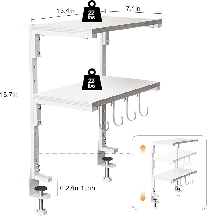 2-Tier Clamp On Desk Shelf, Clamp on Desk Shelf, 13 inch Adjustable Above or Under Wood Desk Storage Shelves, Heavy Duty Desktop Organizer for Working and Gaming Accessories, White